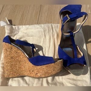 Jimmy Choo Royal Blue Suede Cork Wedge Sandals with Ankle Strap 38